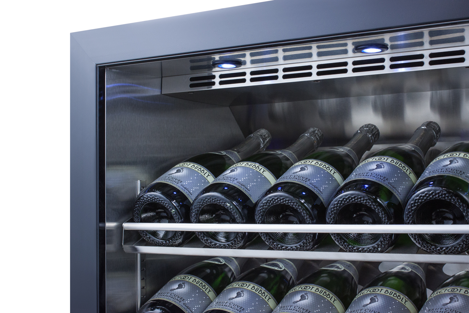 Full-size commercially listed wine cellar with stainless steel interior, champagne shelving, digital controls, self-closing glass door, and stainless steel cabinet